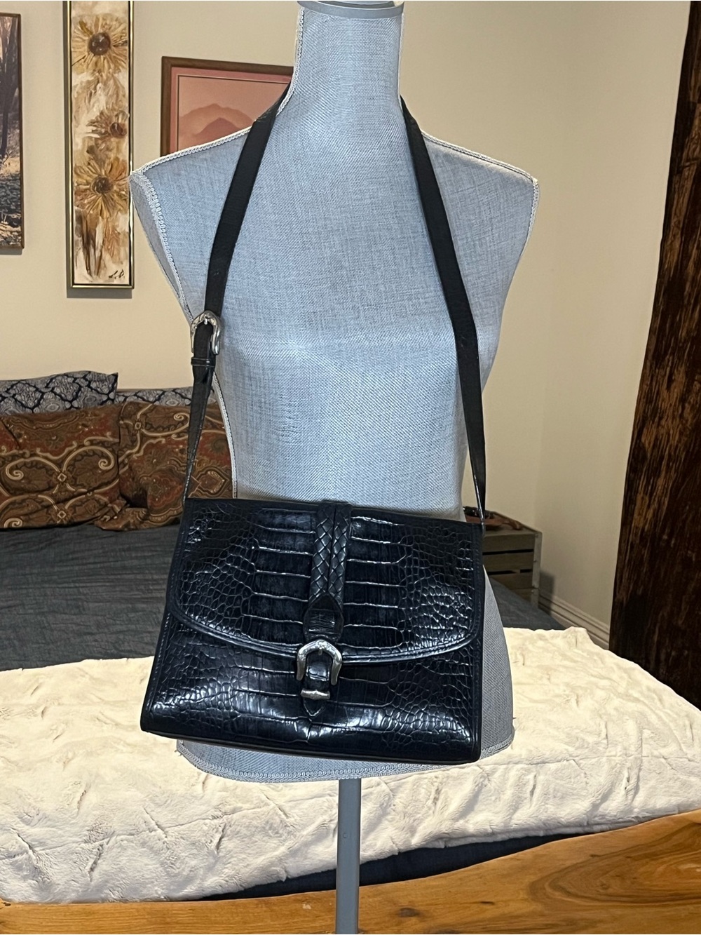 Vintage Brighton Black Croc Embossed Adjustable Crossbody